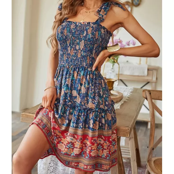 imageZESICA Womens 2023 Summer Boho Floral Printed Spaghetti Strap Square Neck Ruffle A Line Swing Beach Mini DressRoyalblue