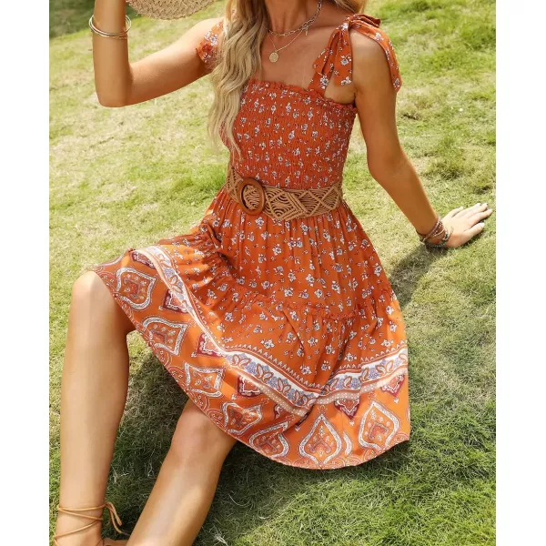 imageZESICA Womens 2023 Summer Boho Floral Printed Spaghetti Strap Square Neck Ruffle A Line Swing Beach Mini DressTangerine