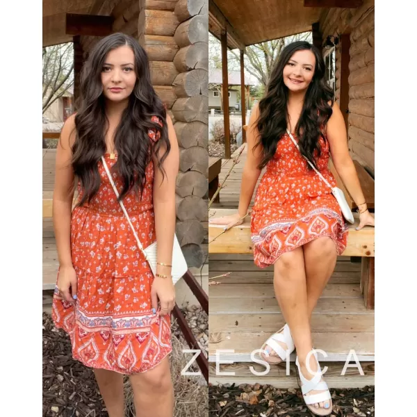 imageZESICA Womens 2023 Summer Boho Floral Printed Spaghetti Strap Square Neck Ruffle A Line Swing Beach Mini DressTangerine