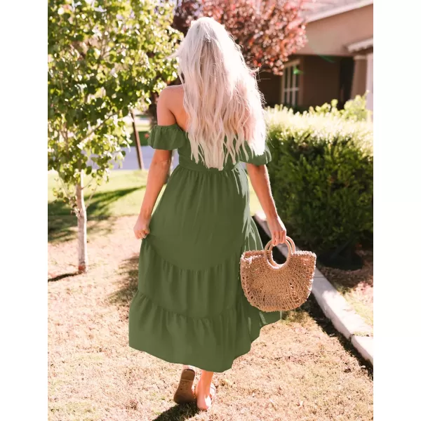 imageZESICA Womens 2023 Summer Boho Off Shoulder Short Sleeve Smocked Ruffle Swing High Low Mermaid Cocktail Party DressArmygreen