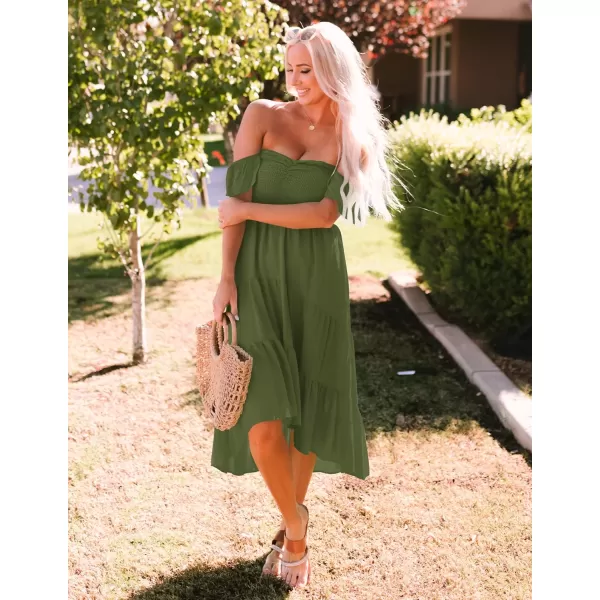 imageZESICA Womens 2023 Summer Boho Off Shoulder Short Sleeve Smocked Ruffle Swing High Low Mermaid Cocktail Party DressArmygreen