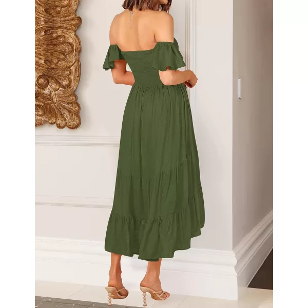 imageZESICA Womens 2023 Summer Boho Off Shoulder Short Sleeve Smocked Ruffle Swing High Low Mermaid Cocktail Party DressArmygreen