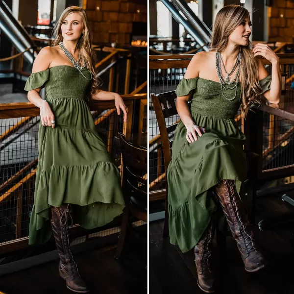 imageZESICA Womens 2023 Summer Boho Off Shoulder Short Sleeve Smocked Ruffle Swing High Low Mermaid Cocktail Party DressArmygreen