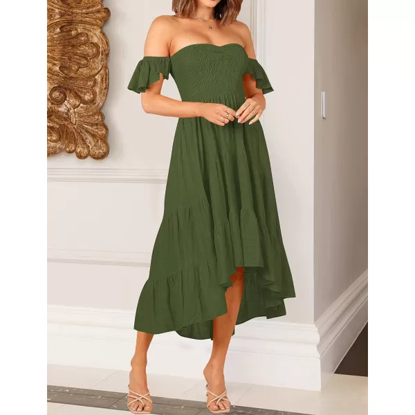 imageZESICA Womens 2023 Summer Boho Off Shoulder Short Sleeve Smocked Ruffle Swing High Low Mermaid Cocktail Party DressArmygreen