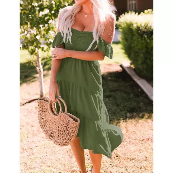 imageZESICA Womens 2023 Summer Boho Off Shoulder Short Sleeve Smocked Ruffle Swing High Low Mermaid Cocktail Party DressArmygreen