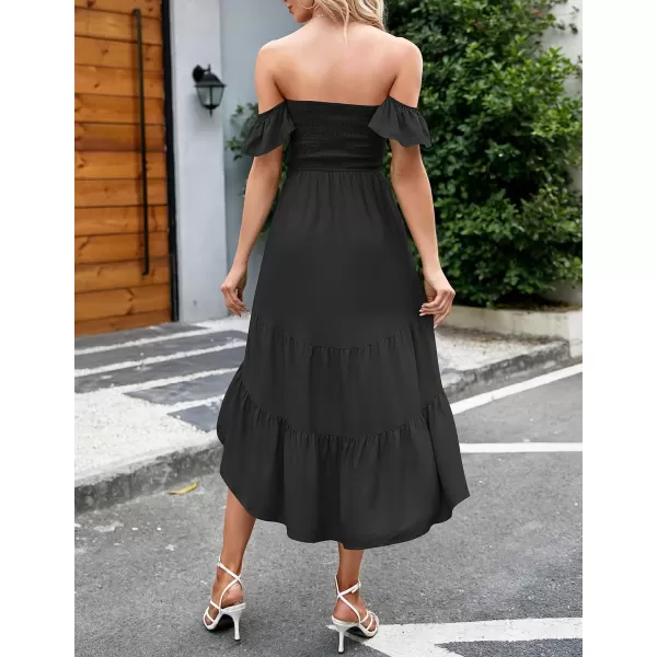 imageZESICA Womens 2023 Summer Boho Off Shoulder Short Sleeve Smocked Ruffle Swing High Low Mermaid Cocktail Party DressBlack