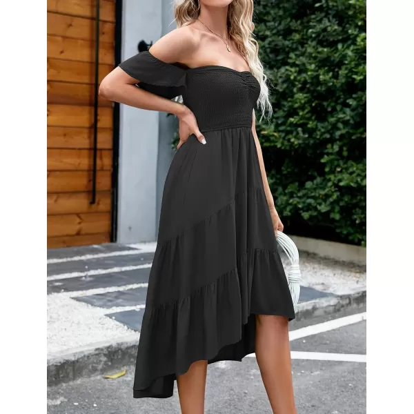 imageZESICA Womens 2023 Summer Boho Off Shoulder Short Sleeve Smocked Ruffle Swing High Low Mermaid Cocktail Party DressBlack