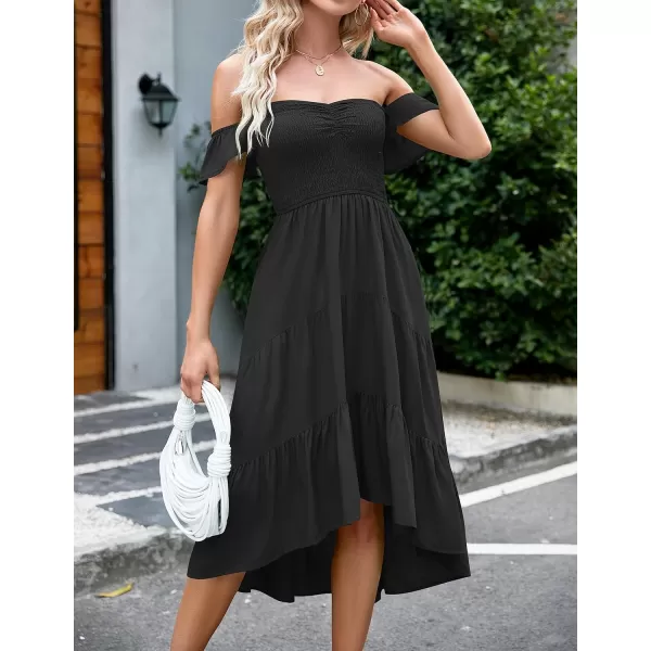 imageZESICA Womens 2023 Summer Boho Off Shoulder Short Sleeve Smocked Ruffle Swing High Low Mermaid Cocktail Party DressBlack