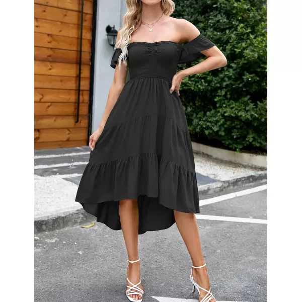 imageZESICA Womens 2023 Summer Boho Off Shoulder Short Sleeve Smocked Ruffle Swing High Low Mermaid Cocktail Party DressBlack