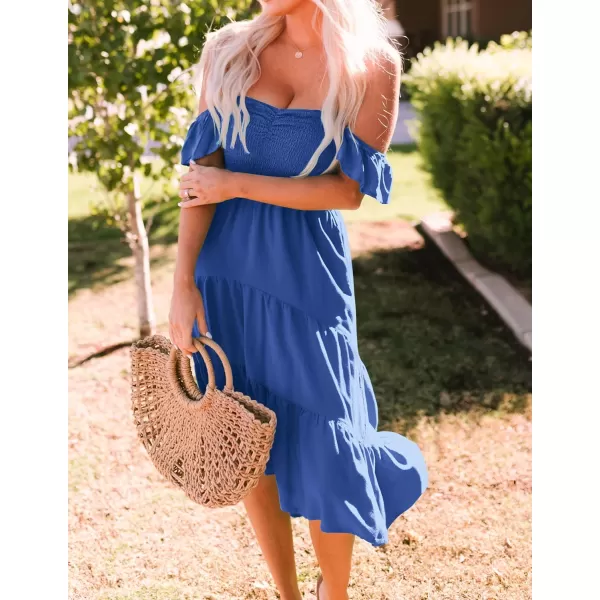 imageZESICA Womens 2023 Summer Boho Off Shoulder Short Sleeve Smocked Ruffle Swing High Low Mermaid Cocktail Party DressBlue