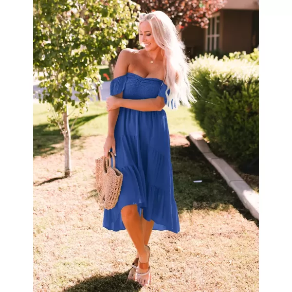 imageZESICA Womens 2023 Summer Boho Off Shoulder Short Sleeve Smocked Ruffle Swing High Low Mermaid Cocktail Party DressBlue
