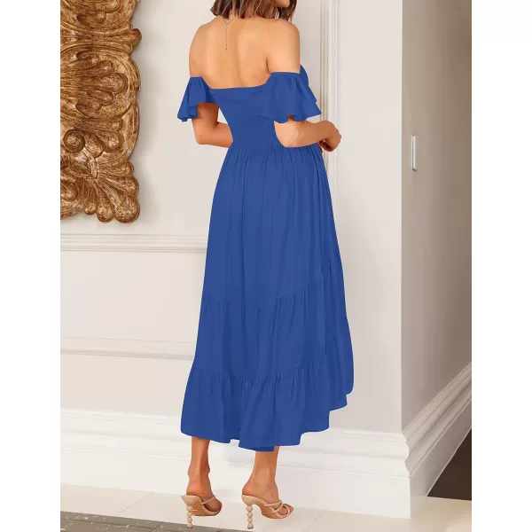imageZESICA Womens 2023 Summer Boho Off Shoulder Short Sleeve Smocked Ruffle Swing High Low Mermaid Cocktail Party DressBlue