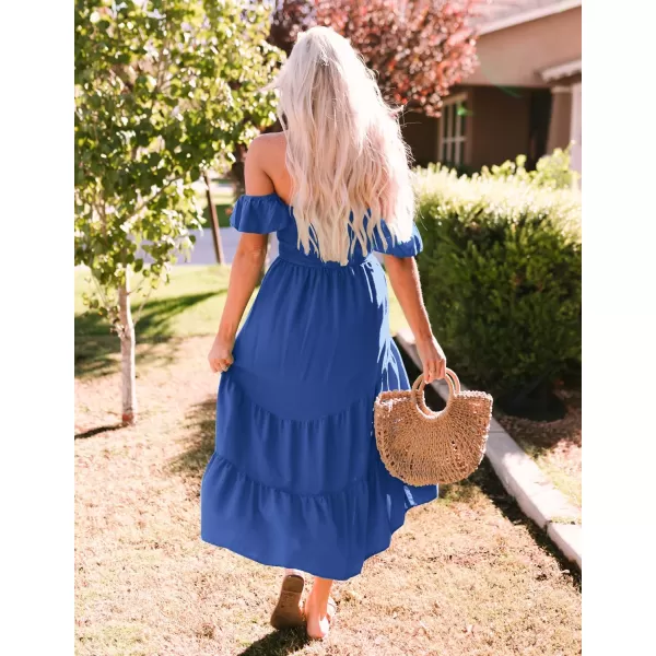 imageZESICA Womens 2023 Summer Boho Off Shoulder Short Sleeve Smocked Ruffle Swing High Low Mermaid Cocktail Party DressBlue