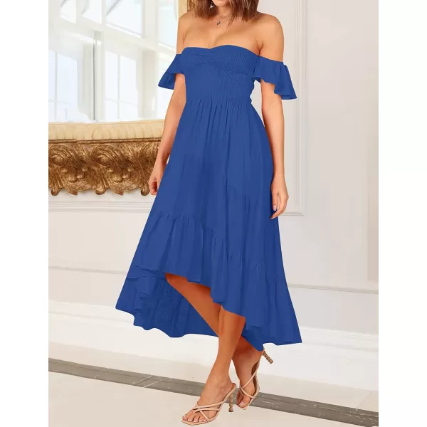 imageZESICA Womens 2023 Summer Boho Off Shoulder Short Sleeve Smocked Ruffle Swing High Low Mermaid Cocktail Party DressBlue