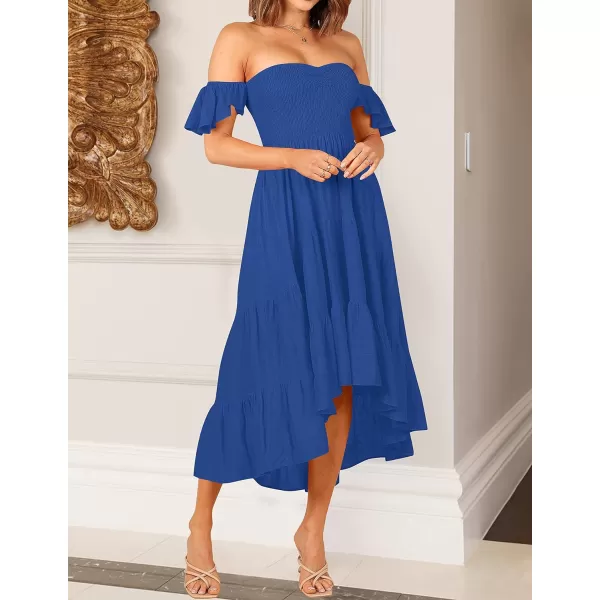 imageZESICA Womens 2023 Summer Boho Off Shoulder Short Sleeve Smocked Ruffle Swing High Low Mermaid Cocktail Party DressBlue