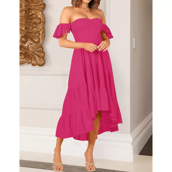 imageZESICA Womens 2023 Summer Boho Off Shoulder Short Sleeve Smocked Ruffle Swing High Low Mermaid Cocktail Party DressBrightrose