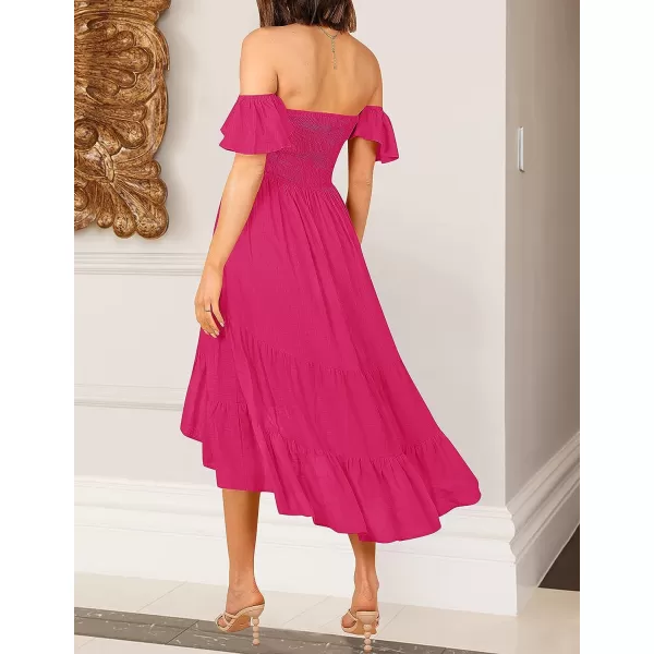 imageZESICA Womens 2023 Summer Boho Off Shoulder Short Sleeve Smocked Ruffle Swing High Low Mermaid Cocktail Party DressBrightrose