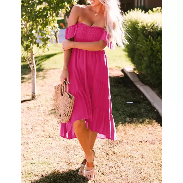 imageZESICA Womens 2023 Summer Boho Off Shoulder Short Sleeve Smocked Ruffle Swing High Low Mermaid Cocktail Party DressBrightrose