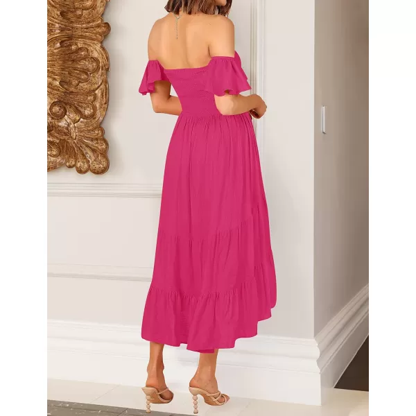 imageZESICA Womens 2023 Summer Boho Off Shoulder Short Sleeve Smocked Ruffle Swing High Low Mermaid Cocktail Party DressBrightrose