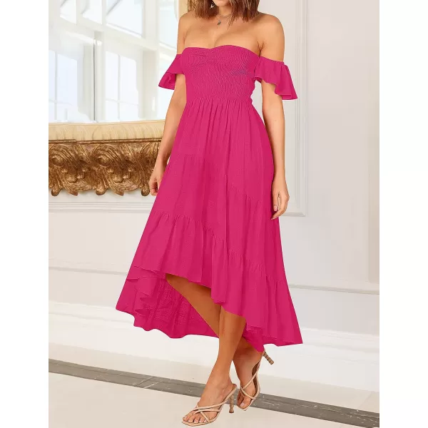 imageZESICA Womens 2023 Summer Boho Off Shoulder Short Sleeve Smocked Ruffle Swing High Low Mermaid Cocktail Party DressBrightrose
