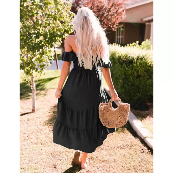 imageZESICA Womens 2023 Summer Boho Off Shoulder Short Sleeve Smocked Ruffle Swing High Low Mermaid Cocktail Party DressDarkblack