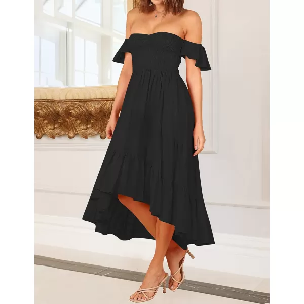 imageZESICA Womens 2023 Summer Boho Off Shoulder Short Sleeve Smocked Ruffle Swing High Low Mermaid Cocktail Party DressDarkblack