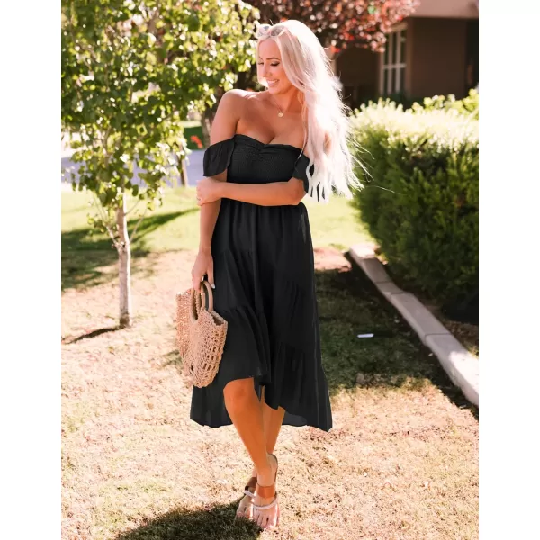 imageZESICA Womens 2023 Summer Boho Off Shoulder Short Sleeve Smocked Ruffle Swing High Low Mermaid Cocktail Party DressDarkblack