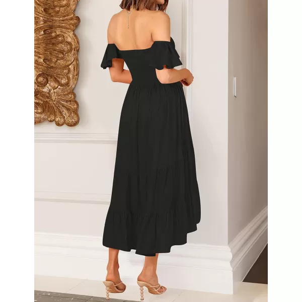 imageZESICA Womens 2023 Summer Boho Off Shoulder Short Sleeve Smocked Ruffle Swing High Low Mermaid Cocktail Party DressDarkblack