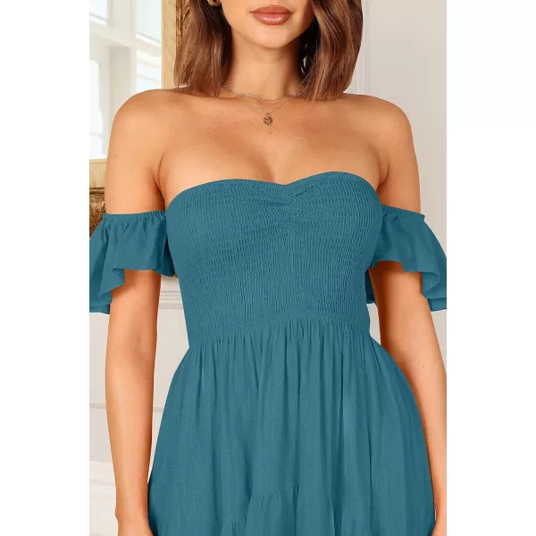 imageZESICA Womens 2023 Summer Boho Off Shoulder Short Sleeve Smocked Ruffle Swing High Low Mermaid Cocktail Party DressDarkblue