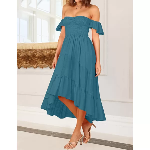 imageZESICA Womens 2023 Summer Boho Off Shoulder Short Sleeve Smocked Ruffle Swing High Low Mermaid Cocktail Party DressDarkblue
