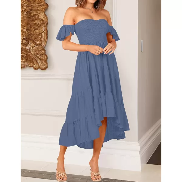 imageZESICA Womens 2023 Summer Boho Off Shoulder Short Sleeve Smocked Ruffle Swing High Low Mermaid Cocktail Party DressDustyblue