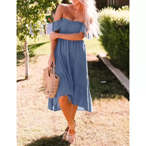 imageZESICA Womens 2023 Summer Boho Off Shoulder Short Sleeve Smocked Ruffle Swing High Low Mermaid Cocktail Party DressDustyblue