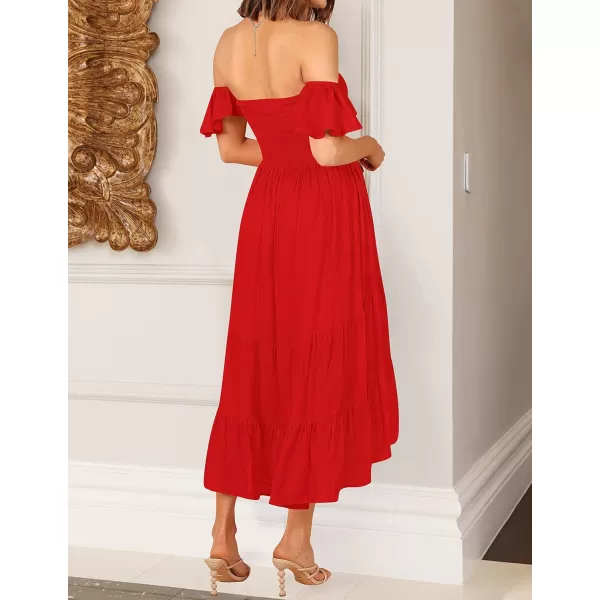 imageZESICA Womens 2023 Summer Boho Off Shoulder Short Sleeve Smocked Ruffle Swing High Low Mermaid Cocktail Party DressFirered