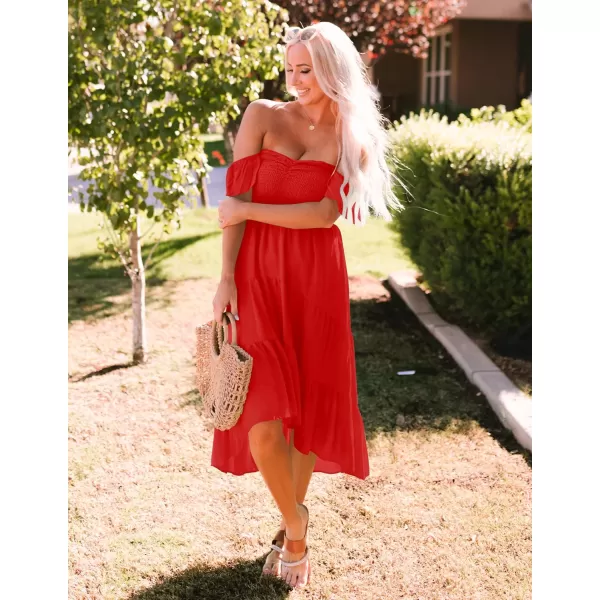 imageZESICA Womens 2023 Summer Boho Off Shoulder Short Sleeve Smocked Ruffle Swing High Low Mermaid Cocktail Party DressFirered