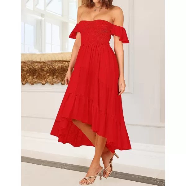imageZESICA Womens 2023 Summer Boho Off Shoulder Short Sleeve Smocked Ruffle Swing High Low Mermaid Cocktail Party DressFirered