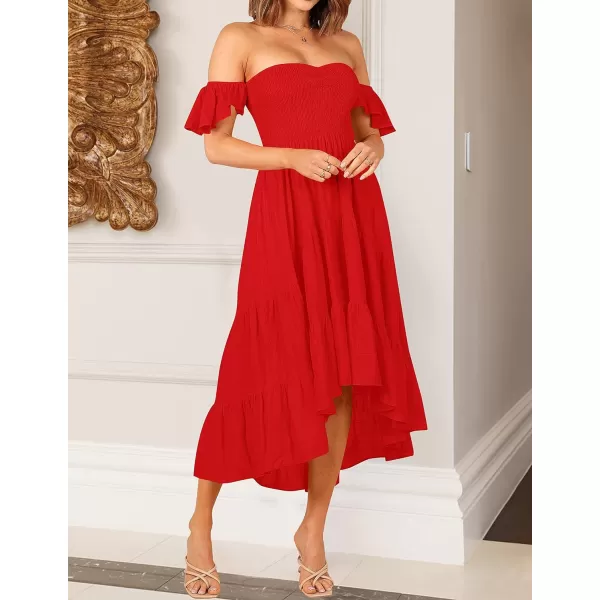 imageZESICA Womens 2023 Summer Boho Off Shoulder Short Sleeve Smocked Ruffle Swing High Low Mermaid Cocktail Party DressFirered