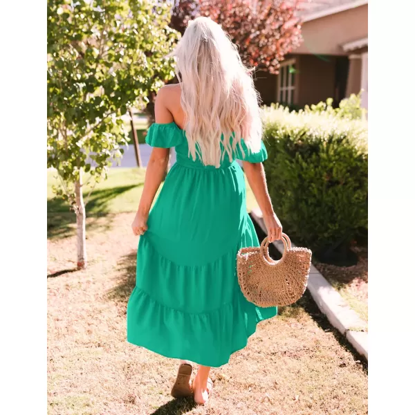 imageZESICA Womens 2023 Summer Boho Off Shoulder Short Sleeve Smocked Ruffle Swing High Low Mermaid Cocktail Party DressGrassgreen