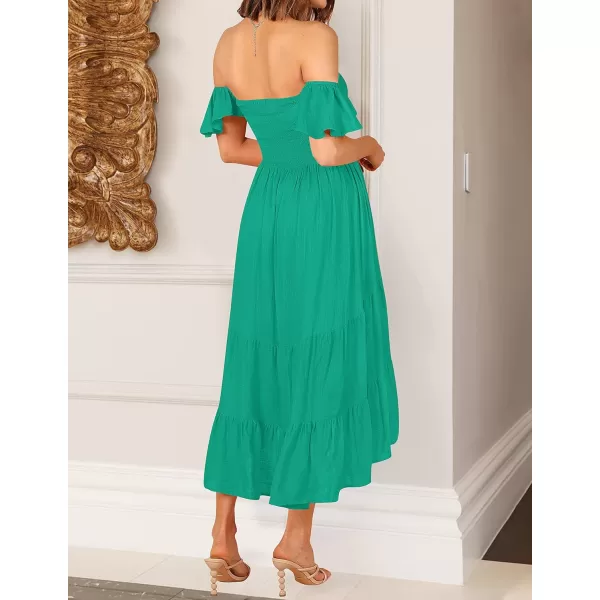 imageZESICA Womens 2023 Summer Boho Off Shoulder Short Sleeve Smocked Ruffle Swing High Low Mermaid Cocktail Party DressGrassgreen