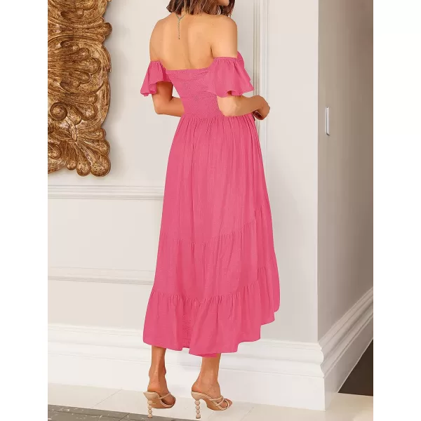 imageZESICA Womens 2023 Summer Boho Off Shoulder Short Sleeve Smocked Ruffle Swing High Low Mermaid Cocktail Party DressHotpink
