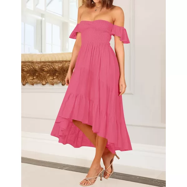 imageZESICA Womens 2023 Summer Boho Off Shoulder Short Sleeve Smocked Ruffle Swing High Low Mermaid Cocktail Party DressHotpink