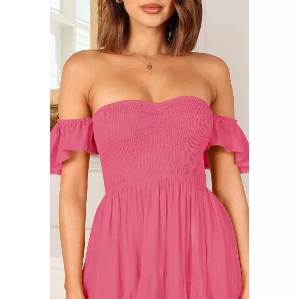 imageZESICA Womens 2023 Summer Boho Off Shoulder Short Sleeve Smocked Ruffle Swing High Low Mermaid Cocktail Party DressHotpink