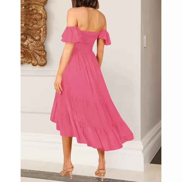 imageZESICA Womens 2023 Summer Boho Off Shoulder Short Sleeve Smocked Ruffle Swing High Low Mermaid Cocktail Party DressHotpink