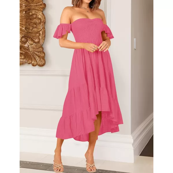 imageZESICA Womens 2023 Summer Boho Off Shoulder Short Sleeve Smocked Ruffle Swing High Low Mermaid Cocktail Party DressHotpink
