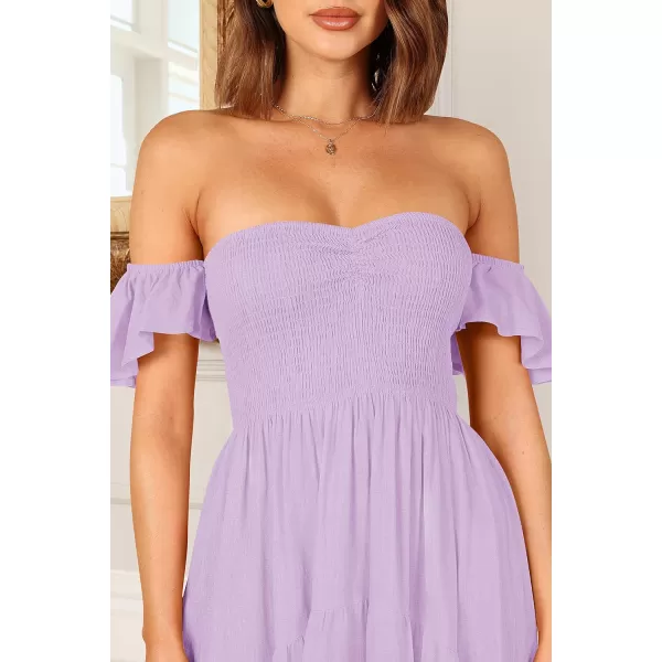 imageZESICA Womens 2023 Summer Boho Off Shoulder Short Sleeve Smocked Ruffle Swing High Low Mermaid Cocktail Party DressLightpurple
