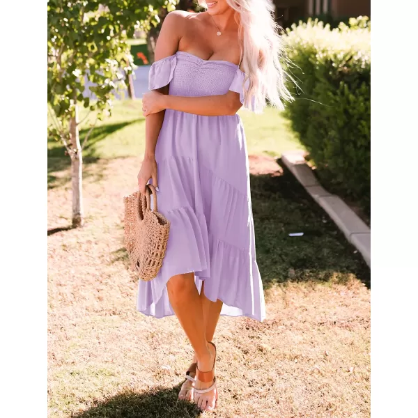 imageZESICA Womens 2023 Summer Boho Off Shoulder Short Sleeve Smocked Ruffle Swing High Low Mermaid Cocktail Party DressLightpurple