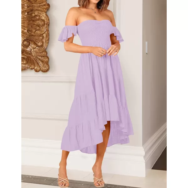 imageZESICA Womens 2023 Summer Boho Off Shoulder Short Sleeve Smocked Ruffle Swing High Low Mermaid Cocktail Party DressLightpurple