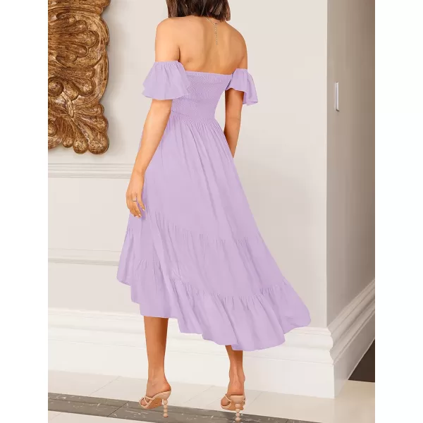 imageZESICA Womens 2023 Summer Boho Off Shoulder Short Sleeve Smocked Ruffle Swing High Low Mermaid Cocktail Party DressLightpurple