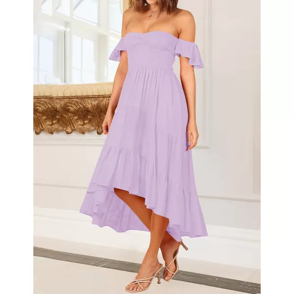 imageZESICA Womens 2023 Summer Boho Off Shoulder Short Sleeve Smocked Ruffle Swing High Low Mermaid Cocktail Party DressLightpurple