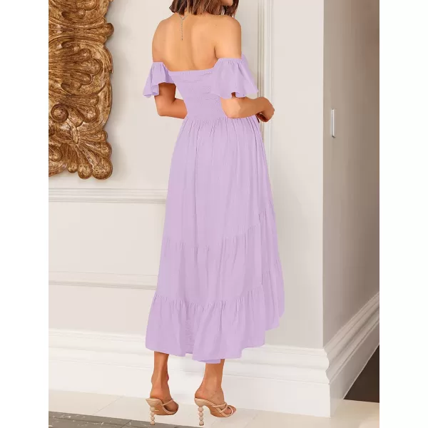 imageZESICA Womens 2023 Summer Boho Off Shoulder Short Sleeve Smocked Ruffle Swing High Low Mermaid Cocktail Party DressLightpurple