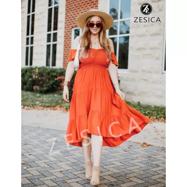 imageZESICA Womens 2023 Summer Boho Off Shoulder Short Sleeve Smocked Ruffle Swing High Low Mermaid Cocktail Party DressOrange
